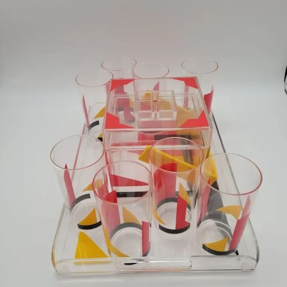 VTG 10pc Acrylic Art Deco Ice Bucket High Ball Tumblers &‎ Serving Tray